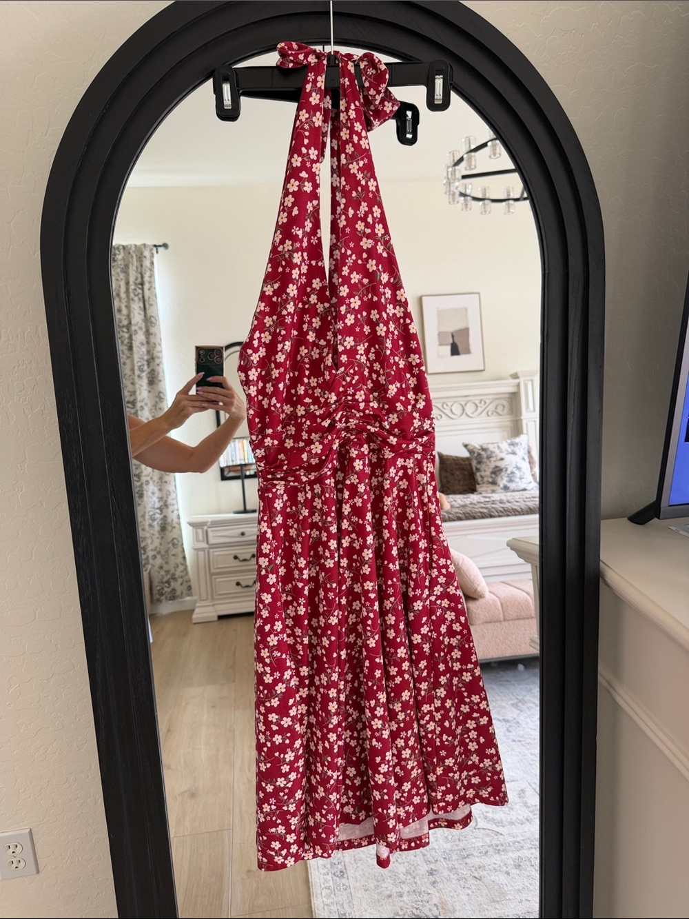 Red Floral Halter Midi Dress with Tie Neck and scoop back